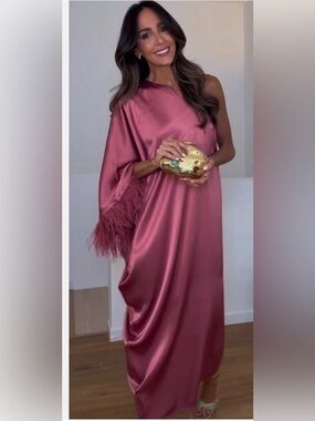 Asymmetric neck side Feathered Satin Dress / Size Small/ Neon Fuchsia  color